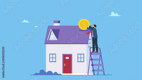 Businessman or home owner putting money dollar coin into new house. Down payment for house purchasing, mortgage or real estate loan, savings to buy new home or property investment, rental.