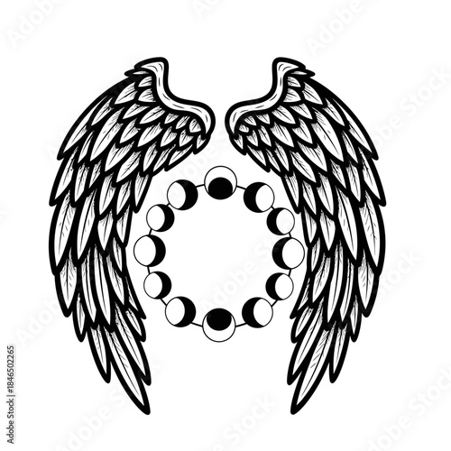 Mystical winged emblem featuring a circular arrangement of moon phases, perfect for spiritual or celestial designs