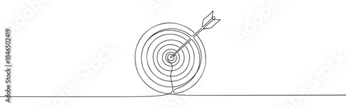 Continuous one line drawing of an arrow hitting a target. Vector illustration of bullseye goal success isolated on white background. Minimalist business concept