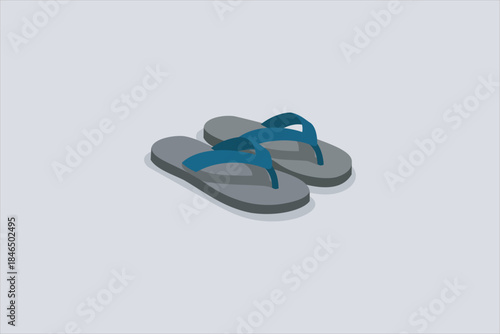Flat illustration of casual flip flops with blue straps and gray soles on a clean background. Simple footwear design representing summer, beach, relaxation, and everyday casual lifestyle.