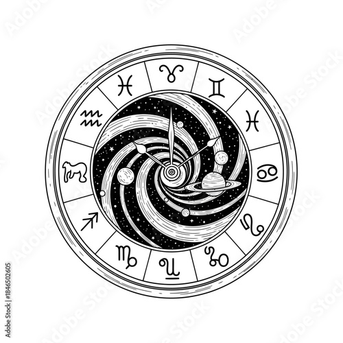 Intricate monochrome cosmic clock, blending astrological zodiac symbols with a spiral galaxy and planets. A conceptual design symbolizing universal time, destiny, and celestial order