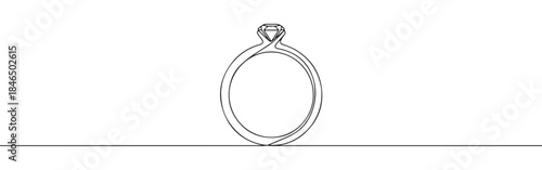 Continuous one line drawing of a diamond ring. Vector illustration of wedding or engagement jewelry isolated on white background. Minimalist love concept