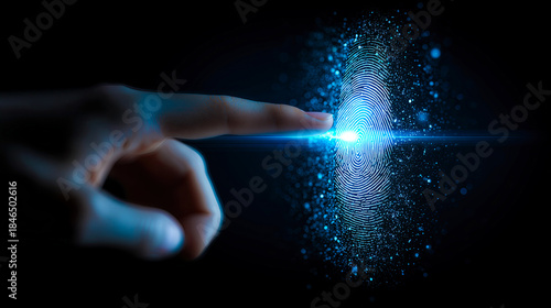 A hand gently touches a glowing digital fingerprint surrounded by sparkling particles. This moment highlights the fusion of technology and personal identity in a modern setting.