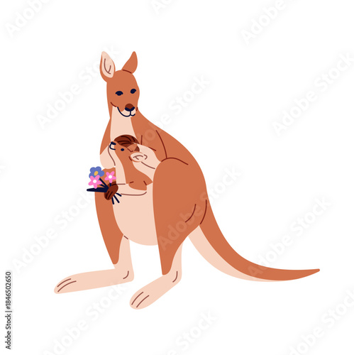 Cute mother and baby kangaroos hug together. Marsupial mom with cub in her bag. Happy family of Australian animals. Funny mum and child. Flat isolated vector illustration on white background