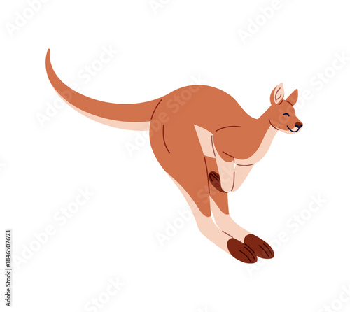 Cute kangaroo jumps high and fast. Funny marsupial animal leaps. Happy character of Australian fauna hops. Wildlife of Australia. Amusing nature. Flat isolated vector illustration on white background