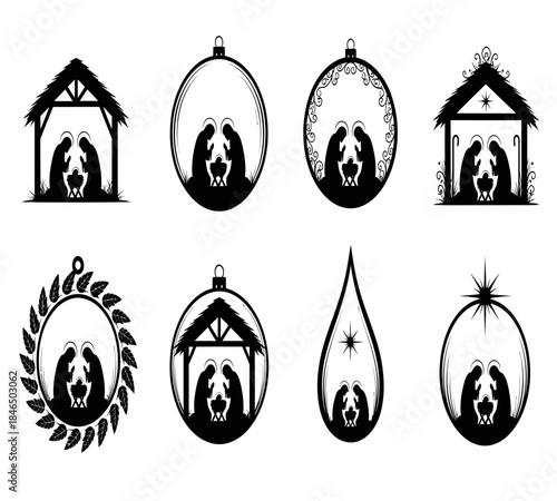 Black and white nativity scene icons with christmas ornaments and wreath illustrations for festive holiday designs