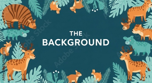 A colorful, vibrant, and detailed illustration of a forest scene with various animals and plants, including deer, bears, and leaves, set against a dark blue background with a light blue border.