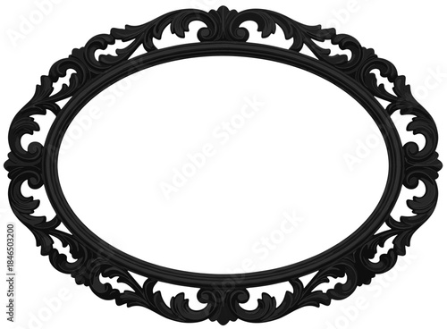 Oval Black Baroque Picture Frame Isolated on White, Vintage Round Wooden Border with Matte Finish and Minimalist Carving Details.