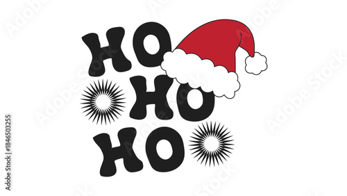 Festive Christmas graphic with Santa hat and HO HO HO text