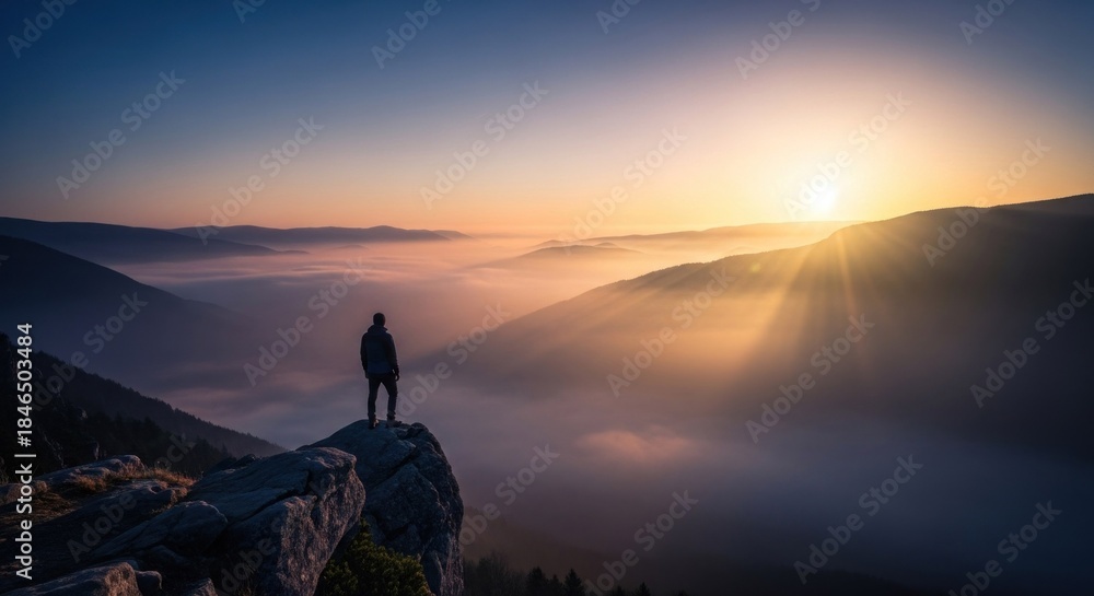 Fototapeta premium A person standing on a rocky outcrop, gazing at a stunning sunrise over a sea of fog in a mountainous landscape.