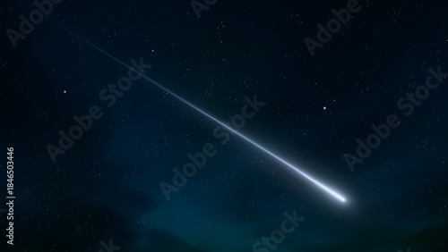 Fireball trail in the sky. Meteor flash at night against a background of stars. Bright shooting star isolated.