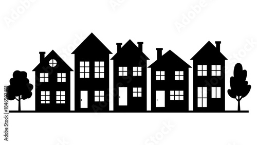 Row of houses with trees in suburban neighborhood