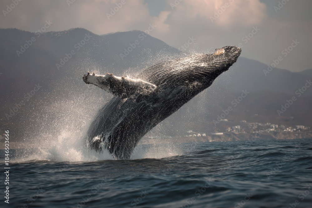 Fototapeta premium Rare capture of a humpback whale breaching in calm waters off the coast during golden hour near a scenic backdrop of mountains