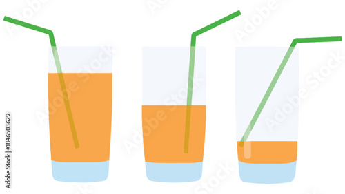 Three glasses with orange juice and green straws in different levels