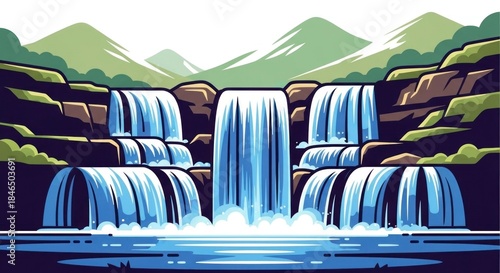A majestic waterfall cascades down a rocky cliff into a serene pool below, surrounded by lush greenery and majestic mountains in the distance.