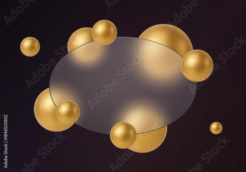 Dark abstract background with golden spheres and translucent glass oval panel for luxury branding, presentations and design mockups.