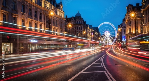 A busy city street at night with a ferris wheel in the background, illuminated by streetlights and traffic lights, with a blurred effect on the road and cars, creating a sense of motion and energy.