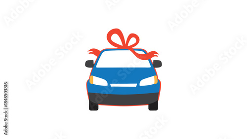 Blue car with red gift bow on hood