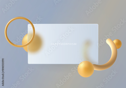 Modern glassmorphism banner with translucent panel and smooth golden geometric shapes on a soft gradient background for web and branding design
