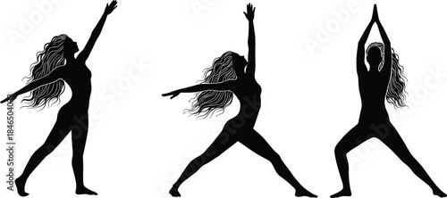 Women yoga silhouettes in standing sequence, three postures showing Warrior I and II and balance flow, fitness, mindfulness, wellness, vector illustration