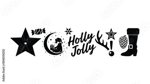 Festive holiday graphics with holly jolly text and Christmas icons