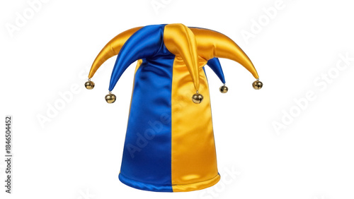 Isolated jester hat with bells, blue and gold festive headwear costume accessory design