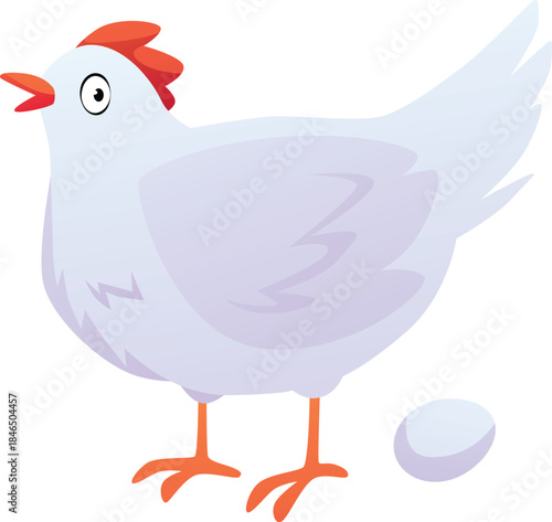 White cartoon chicken with one egg, isolated background.
