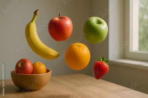 Floating fresh vibrant fruits symbolizing healthy eating and vitality