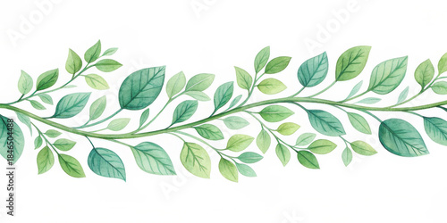 Green leaf border botanical vine watercolor foliage nature pattern floral ornament leafy branch seamless design fresh green elegant curve white background