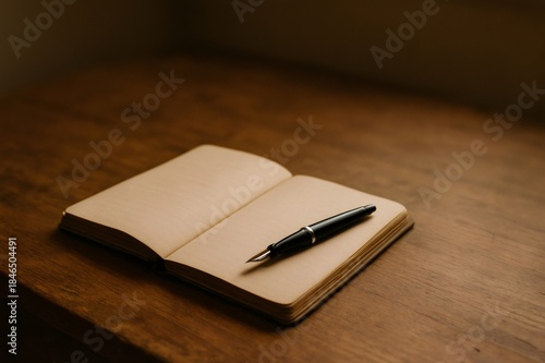 Open notebook with fountain pen on wooden desk