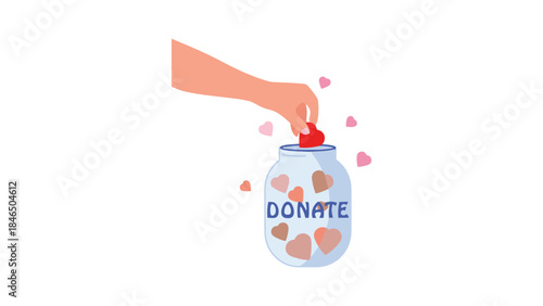 Hand putting heart into donation jar with hearts