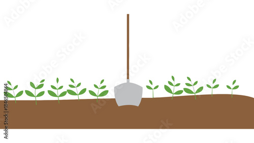 Shovel in soil with young green plants growing