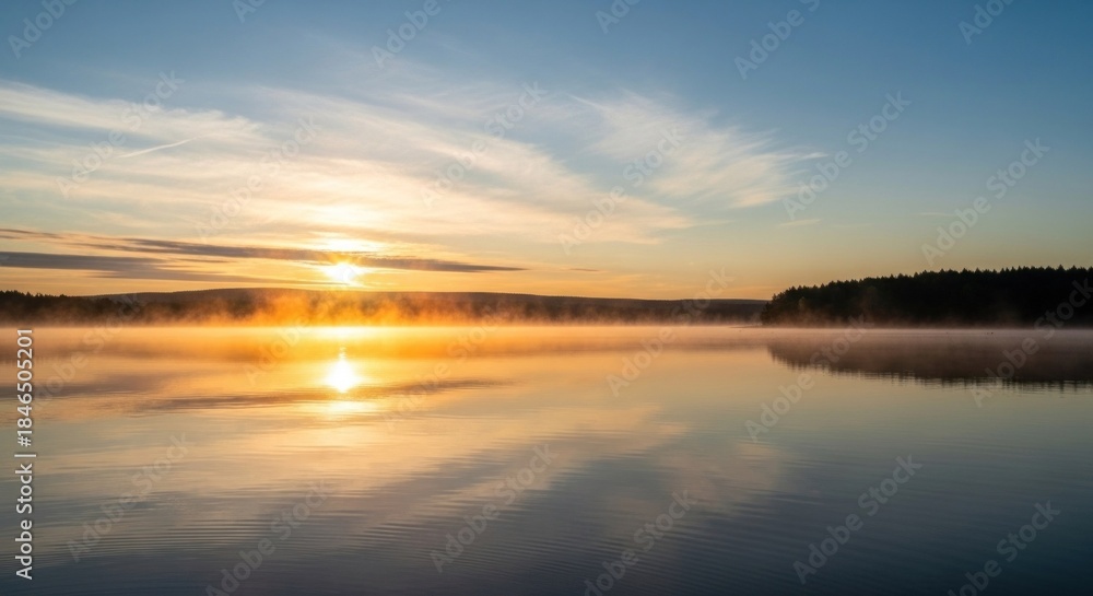 Obraz premium A serene lake at sunset with a golden reflection of the sky and clouds, with a small boat in the distance.