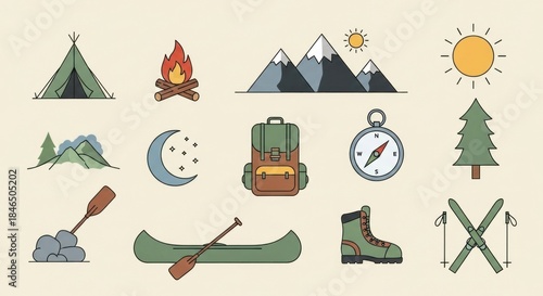 A camping-themed set of icons, including a tent, campfire, mountains, sun, moon, stars, backpack, compass, canoe, paddle, and boots, against a beige background.