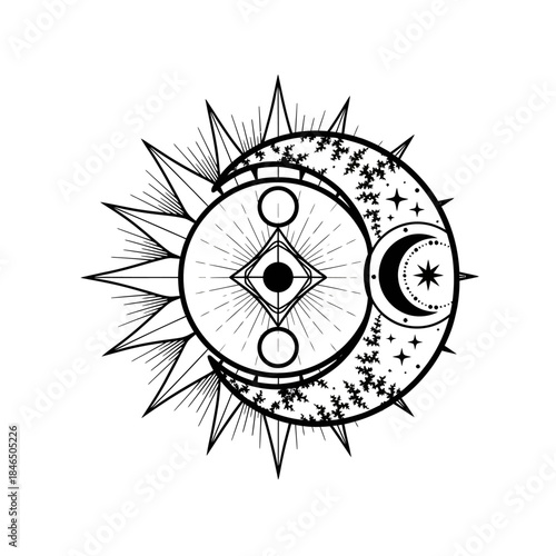 Celestial sun and moon with geometric shapes and starry night sky, esoteric symbol of cosmic balance and spiritual enlightenment, black and white illustration
