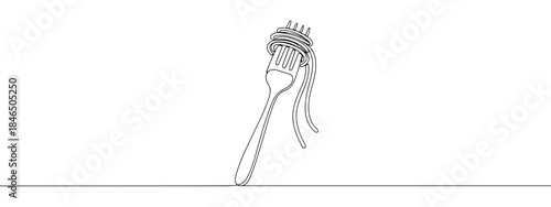 Continuous one line drawing of pasta on a fork. Vector illustration of Italian spaghetti noodle isolated on white background. Minimalist food concept