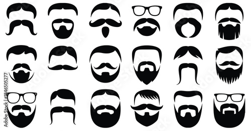 Mustache beard styles vector set, collection of masculine facial hair designs, hipster-inspired facial illustrations, perfect for grooming graphics, barber shop branding, fashion projects