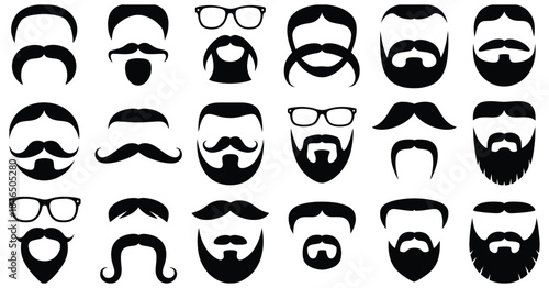 Mustache beard styles vector set collection, featuring various masculine and hipster facial hair designs, ideal for barber shop branding, grooming products