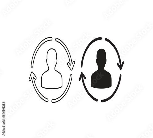 Two circular icons depict user profiles with rotating arrows showcasing a dynamic interaction or process flow