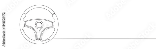 Continuous one line drawing of a steering wheel. Vector illustration of a car driving control part isolated on white background. Minimalist automotive concept