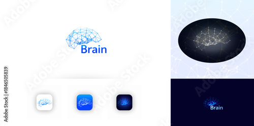 Brain Logo Ai Icon Abstract Mind Polygonal Symbol Logotype Neural Network Data Science Technology, Medical Research, Neuro Innovation Tech, Creative Idea Knowledge Brainstorm Sign. Vector Illustration