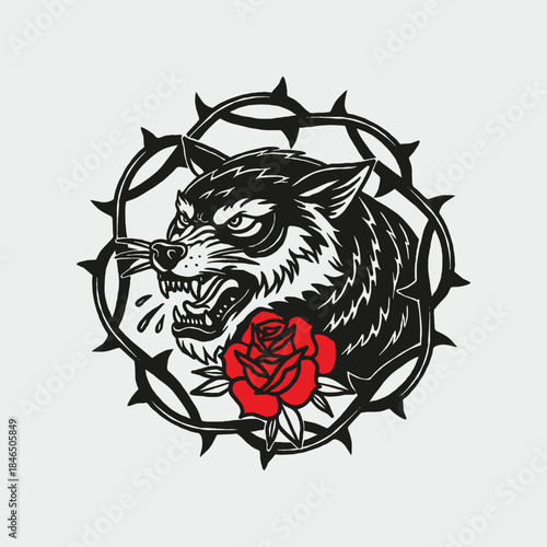 Wild wolf with aggressive expression surrounded by thorn circle, holding a red rose—perfect for garage or club-inspired visuals.