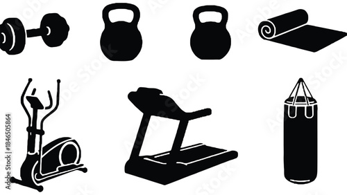 Black silhouettes of various gym equipment and tools for fitness