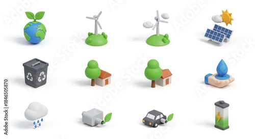 A set of 12 green and white isometric icons representing different environmental and sustainable concepts.