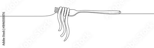 Continuous one line drawing of pasta on a fork. Vector illustration of Italian spaghetti noodle isolated on white background. Minimalist food concept