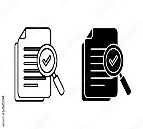 Document review and verification process illustrated with a magnifying glass inspecting paper files in a black and white style