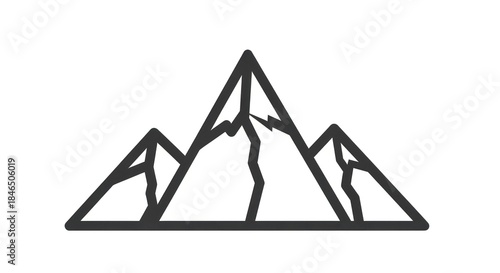 Three mountains with jagged peaks and rocky ridges, set against a white background with a subtle shadow effect.