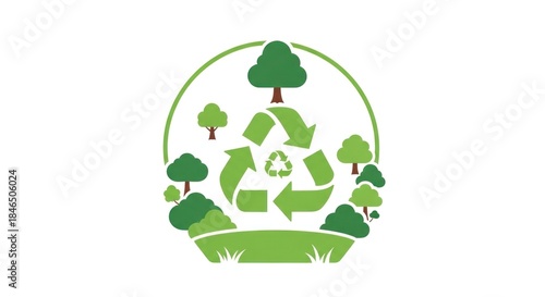 A green and red circular logo with a recycling symbol inside, surrounded by trees and a grassy hill.