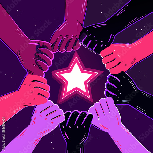 Community teamwork hands rising star vector illustration