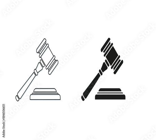 A simple illustration depicting two gavel icons one outlined and the other solid black representing justice and legal proceedings